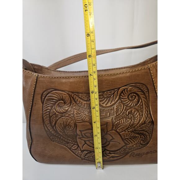 Vintage Brown Leather Tooled Floral Purse - Flap Snap Closure Rugero Horse Roses - Picture 9 of 16